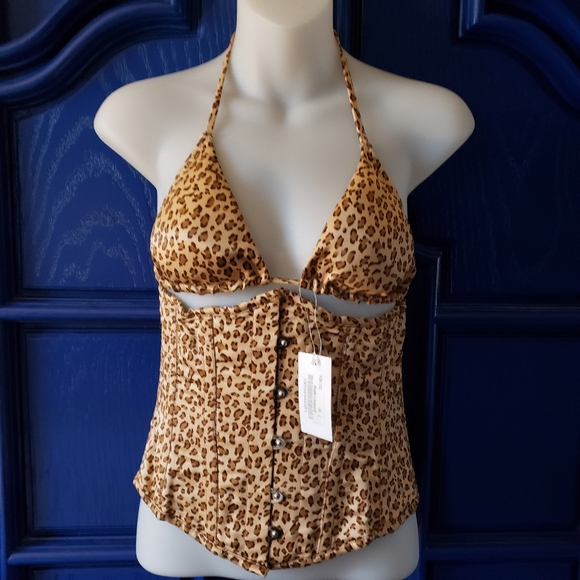 Leopard 3pc Steel Boned Underbust Corset Bikini Set Y2K Waist Trainer Corset - Picture 5 of 16
